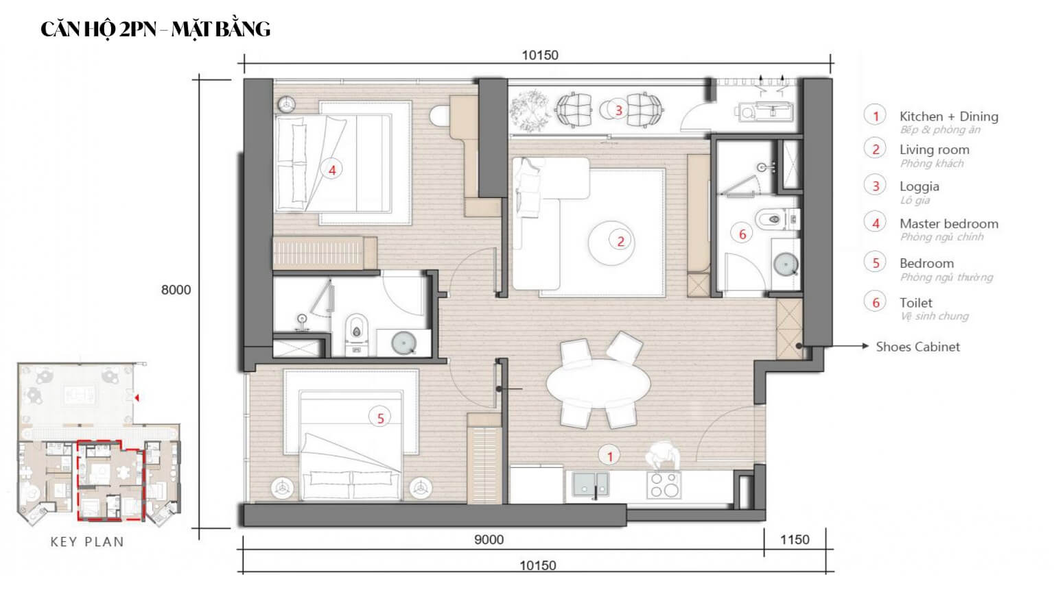 Thiết kế chi tiết căn hộ 2 ngủ